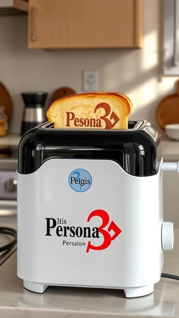 Aigis Persona 3 themed toaster with logo imprinted toast on a kitchen countertop.